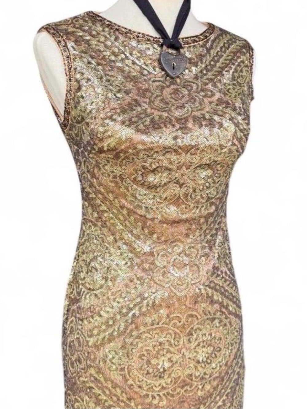 Sue Wong Gold and Silver Sequin Sleeveless Cocktail Dress